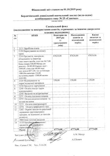 Фінансова звітність станом на 01.10.2019