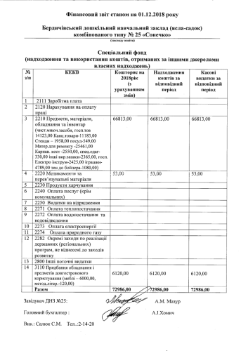 Фінансова звітність станом на 01.12.2018