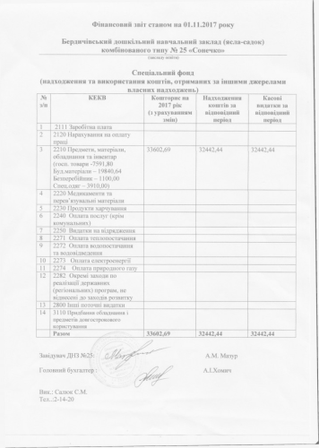 Фінансова звітність станом на 01.11.2017