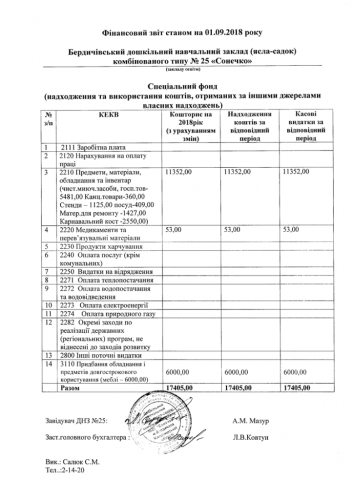 Фінансова звітність станом на 01.09.2018
