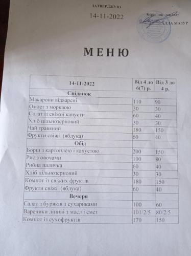 Сніданок, обід та вечеря 14 листопада